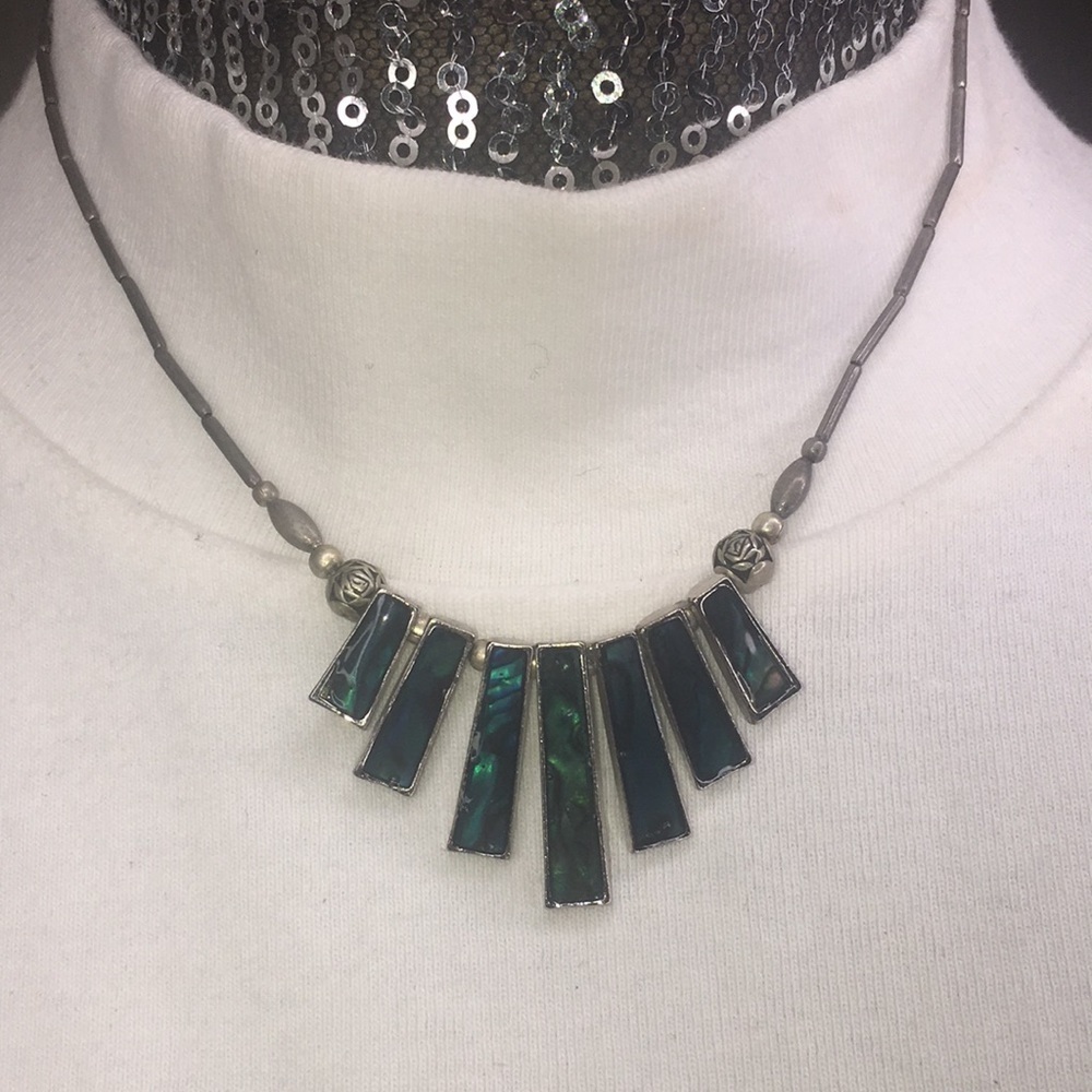 Vintage Artisan Faux Abalone Enamel Liquid silver fringe necklace 15"